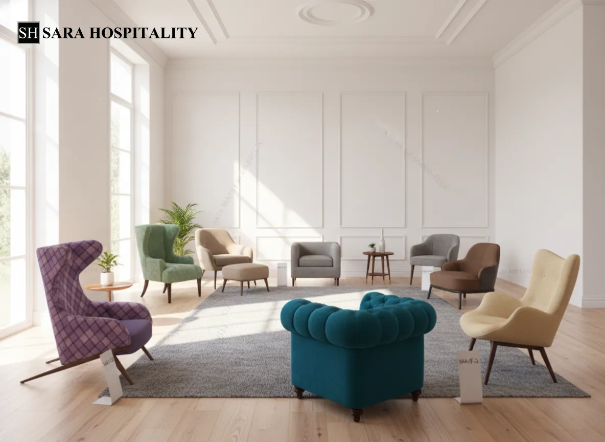 Top 10 Lounge Chair Designs for Hotels in 2025 (Modern & Luxury Picks) A lounge chair for hotel interiors now mixes thoughtful detailing with warm textures. We’ve collected the most requested styles, many aligned with the standard of comfort and durability we often see from Sara Hospitality USA.  Mid-Century Modern Leather Lounger : Italian leather with walnut curves. Hand stitching. Adjustable headrest. Reinforced frame for long-term use.   Scandinavian Minimalist Armchair : Light oak, wool upholstery, clean lines. Water-repellent fabric keeps upkeep easy.   Velvet Upholstered Recliner : Jewel-tone velvet, brass accents, quiet reclining mechanism. Fabric treated for stain resistance.   Woven Cane Accent Chair : Rattan weave, metal frame. Breathable seating for terraces or pool decks. Weatherproof coating.   Contemporary Modular Lounger : Aluminum frame with modular cushions. Rust-resistant build. Easy to reconfigure for conference groups.   Luxury Wingback Chair : Linen paired with mahogany. Winged sides give privacy. Solid structure supports the tall back.   Eco-Leather Swivel Chair : Vegan leather finish. Smooth rotation. Scratch-resistant surface for heavy use.   Bauhaus-Inspired Tub Chair : Chrome, leatherette, compact wraparound design. Powder-coated metal for durability.   Plush Ottoman Lounger : Memory foam with silk blend. Works as a footrest or extra seat. Reinforced stitching extends lifespan.   Hotel Lounge Chairs Hybrid : Bamboo mixed with recycled polyester. Adjustable incline. Mildew-resistant fibers for humid climates.   These designs show where hotel lounge chairs are moving: smarter builds, stronger materials, and richer comfort profiles.